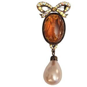 Gold Tone Molded Marble Glass AB Rhinestone Bow Faux Pearl  Dangle Brooch, M460